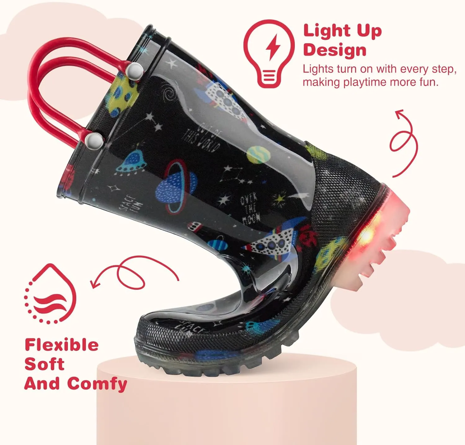 HISEA Kids Rain Boots for Boys Girls, Waterproof Lightweight Rain Boots Light Up by Steps for Water Beach Outdoor Playing (Toddler/Little Kid/Big Kid)