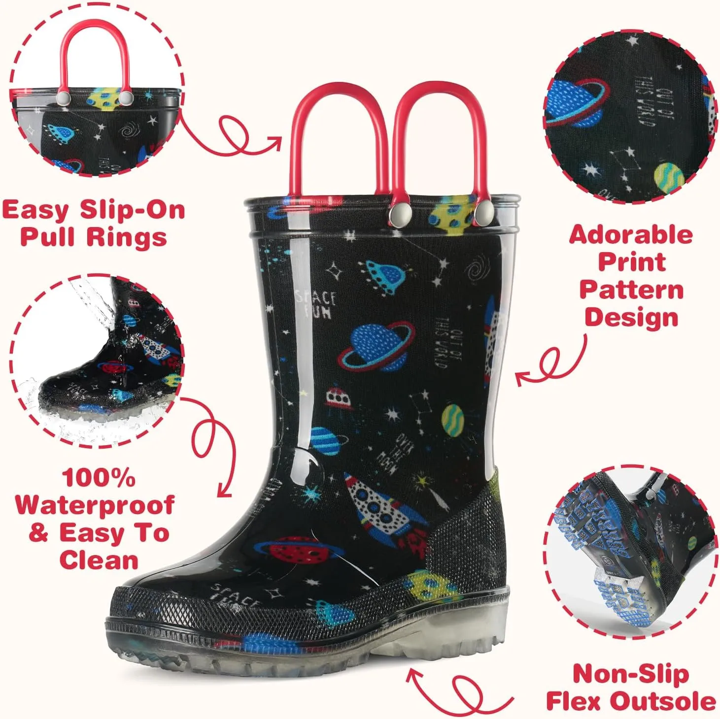 HISEA Kids Rain Boots for Boys Girls, Waterproof Lightweight Rain Boots Light Up by Steps for Water Beach Outdoor Playing (Toddler/Little Kid/Big Kid)