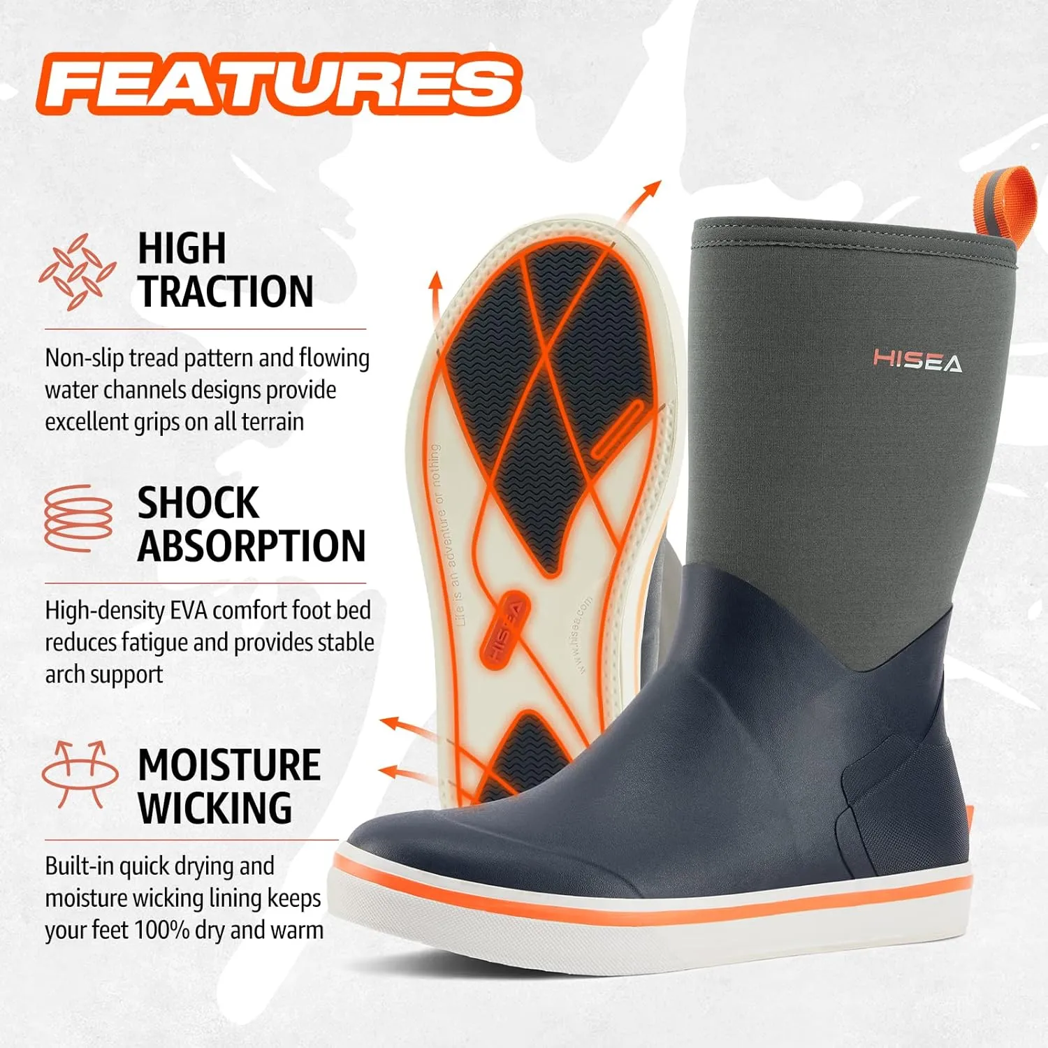 HISEA Men's Rubber Rain Boots Waterproof Garden Fishing Outdoor Deck Boots