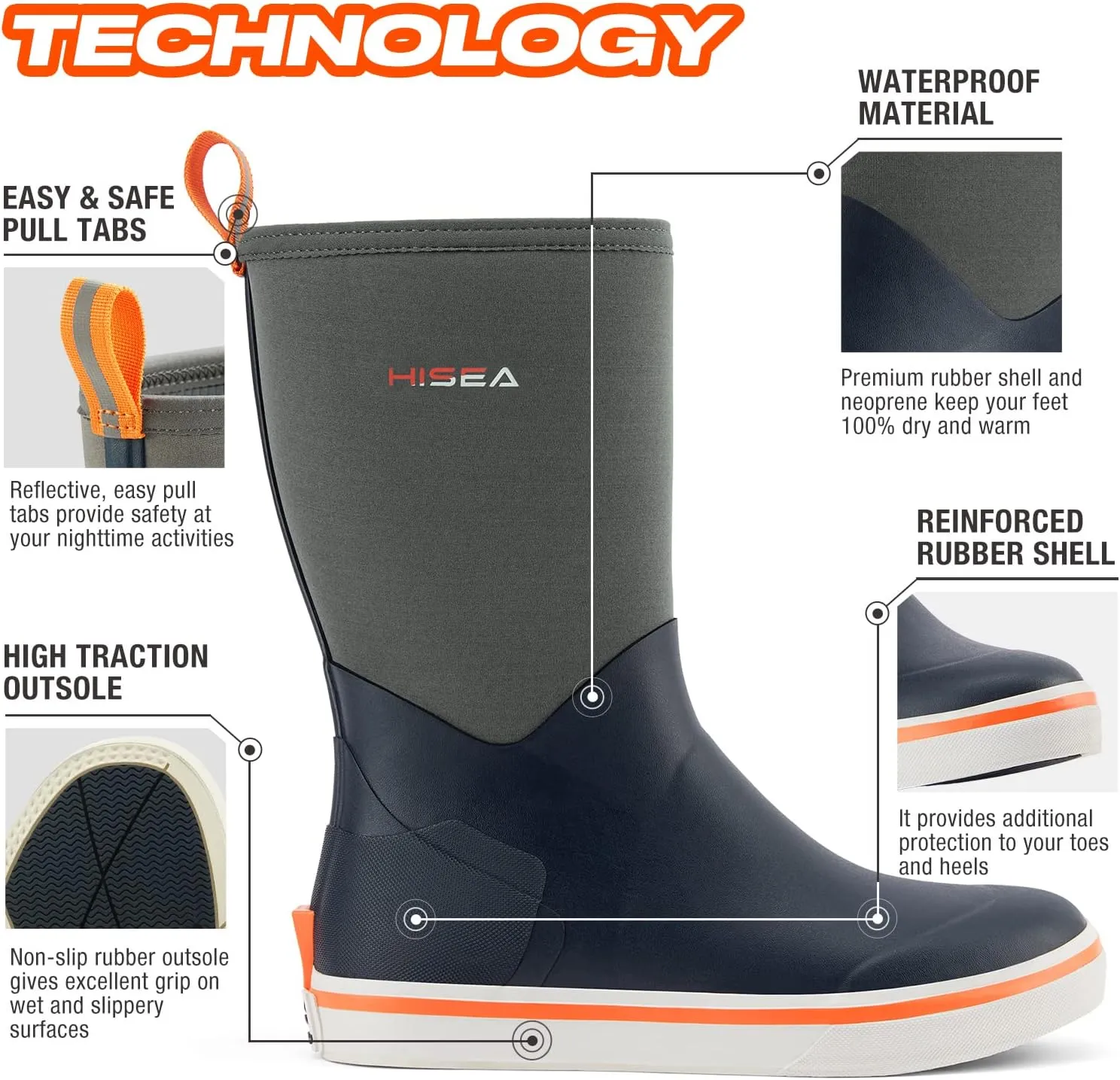 HISEA Men's Rubber Rain Boots Waterproof Garden Fishing Outdoor Deck Boots