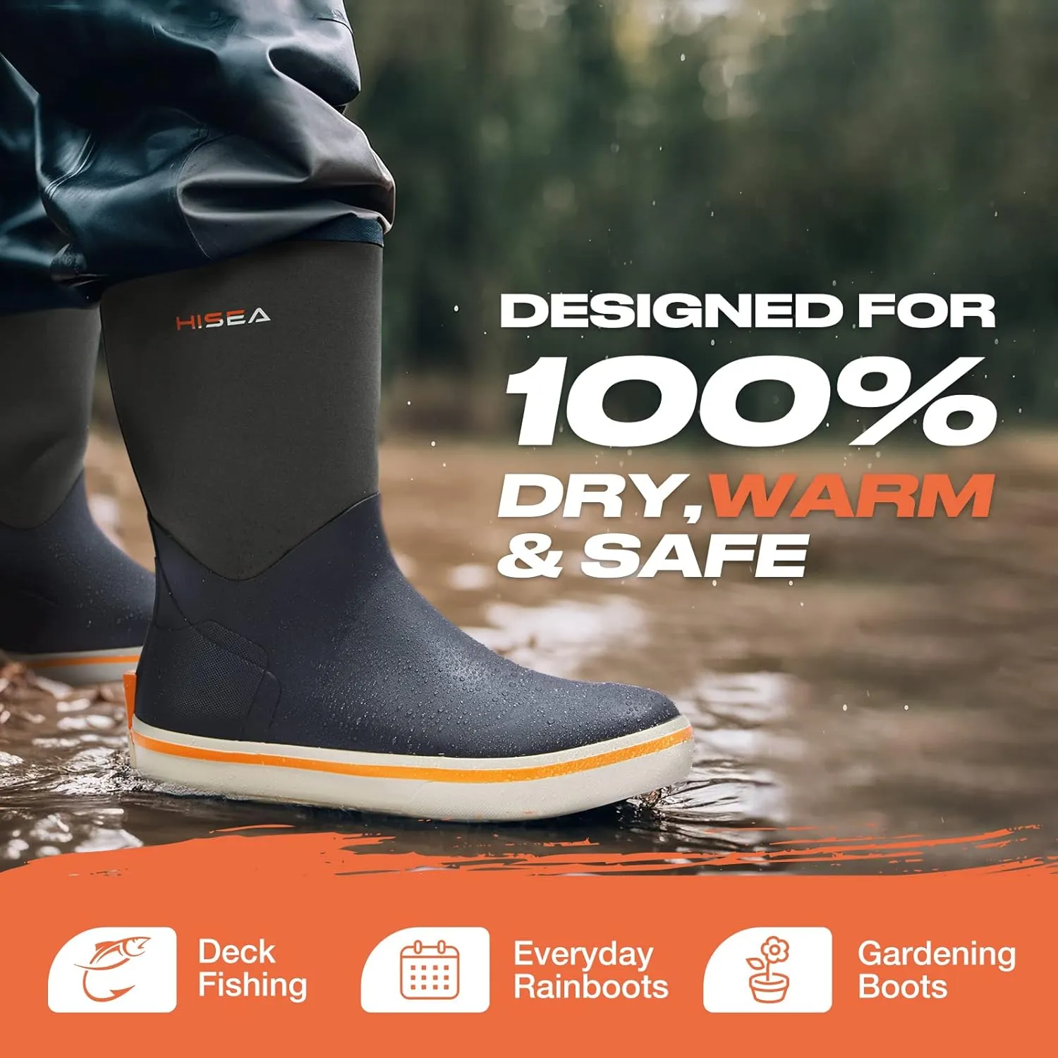HISEA Men's Rubber Rain Boots Waterproof Garden Fishing Outdoor Deck Boots