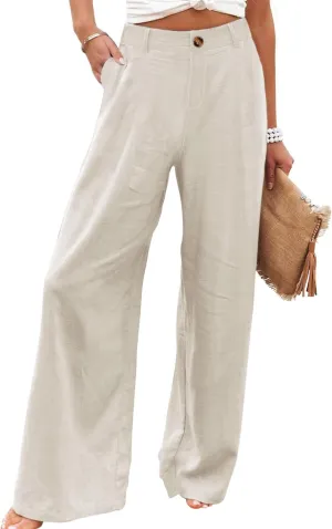 Hooever Womens Cotton Linen Pants Casual Button Up High Waisted Wide Leg Trousers