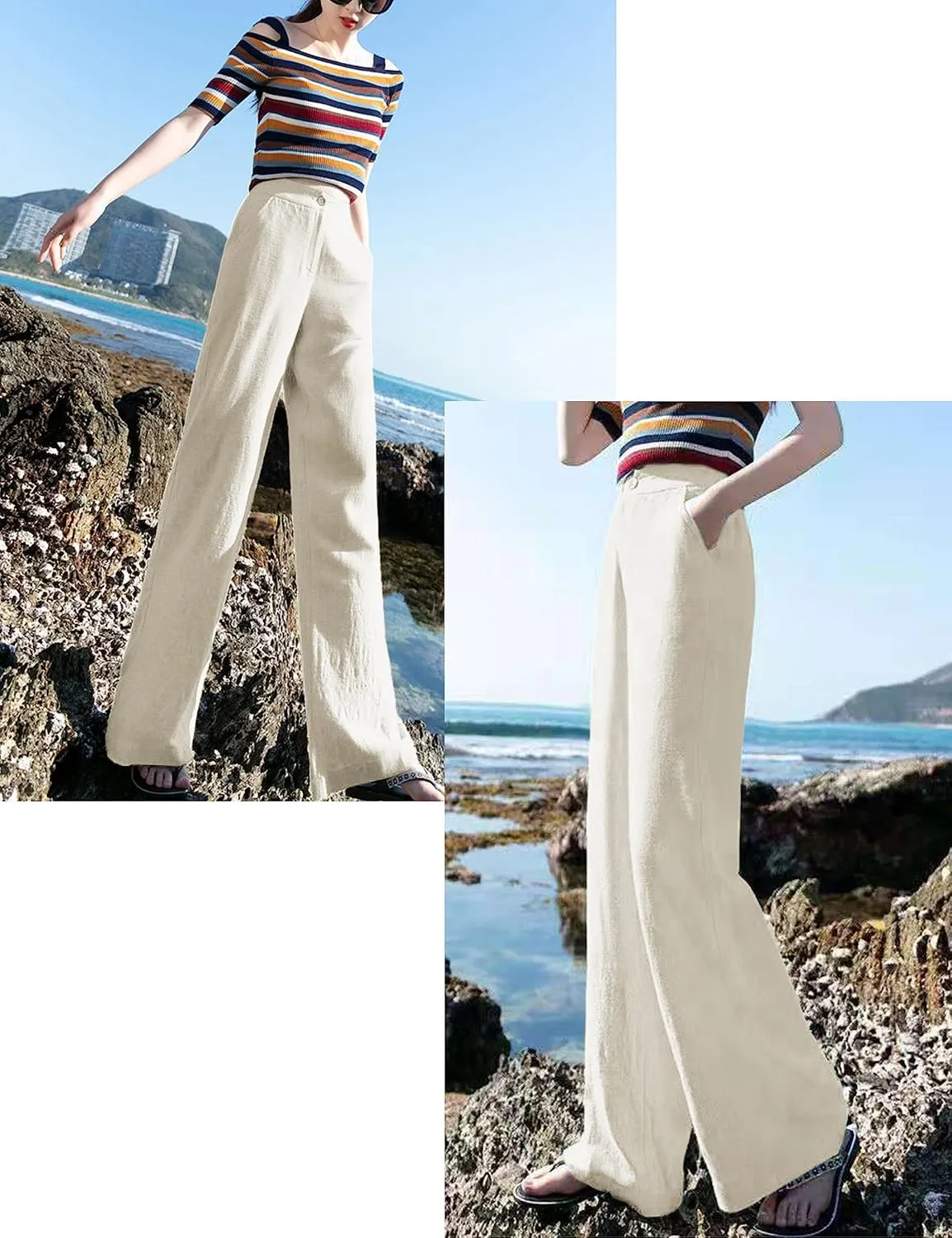 Hooever Womens Cotton Linen Pants Casual Button Up High Waisted Wide Leg Trousers