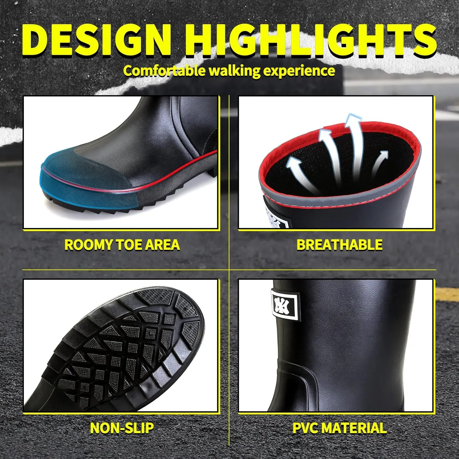HSBDNZQ Rain Boots for Men, Waterproof Mens Rubber Boots with PVC Unique Design, Comfort Lightweight Work Mud Boots, Resistant Durable Slip Garden Boots for Farming Gardening Fishing