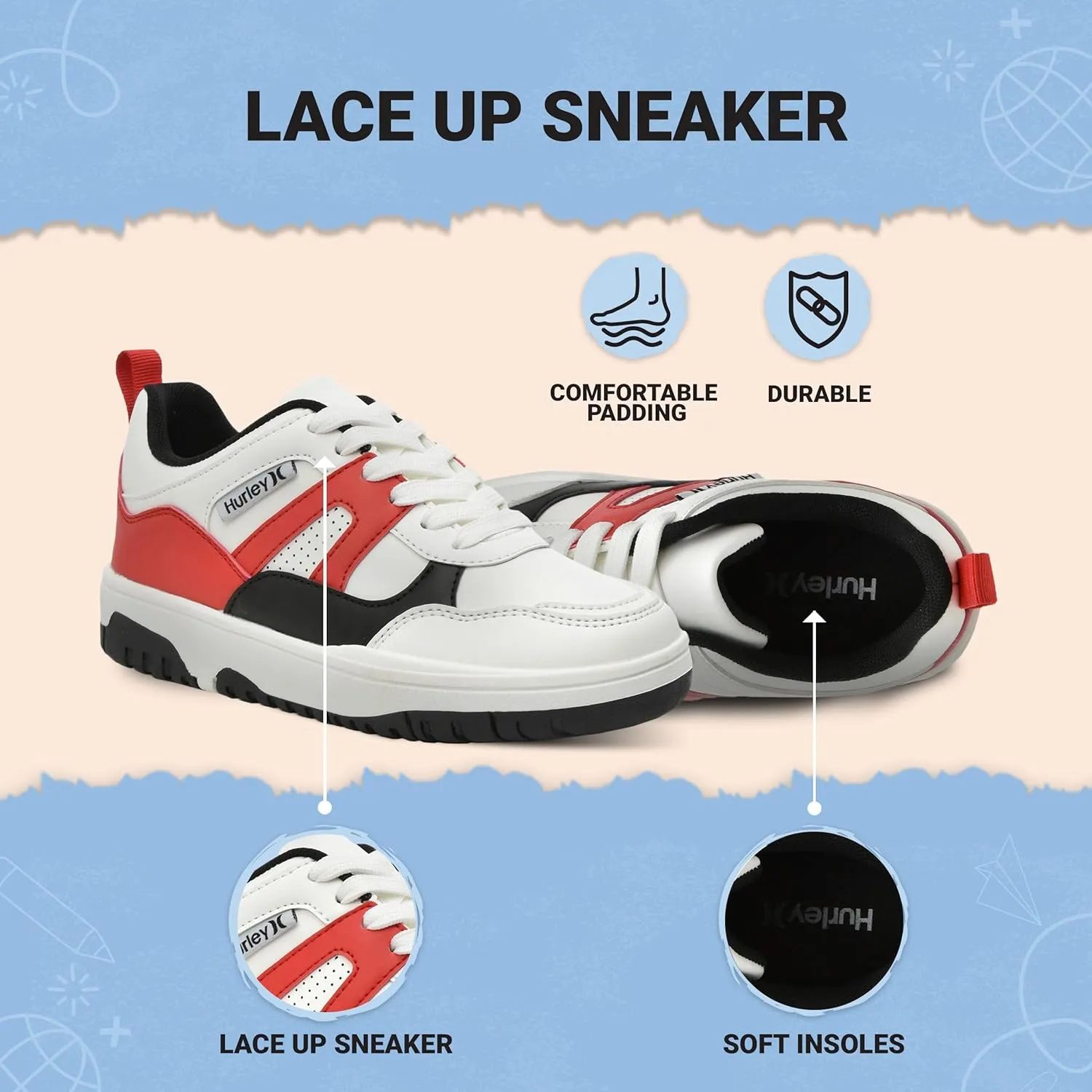 Hurley Kids' Jason Low Cut Sneakers, Lace Up Sneaker Shoes for Kids, Sports Shoes for Boys and Girls, Padded Sneakers with Durable Outsoles, Basketball Shoes for Kids