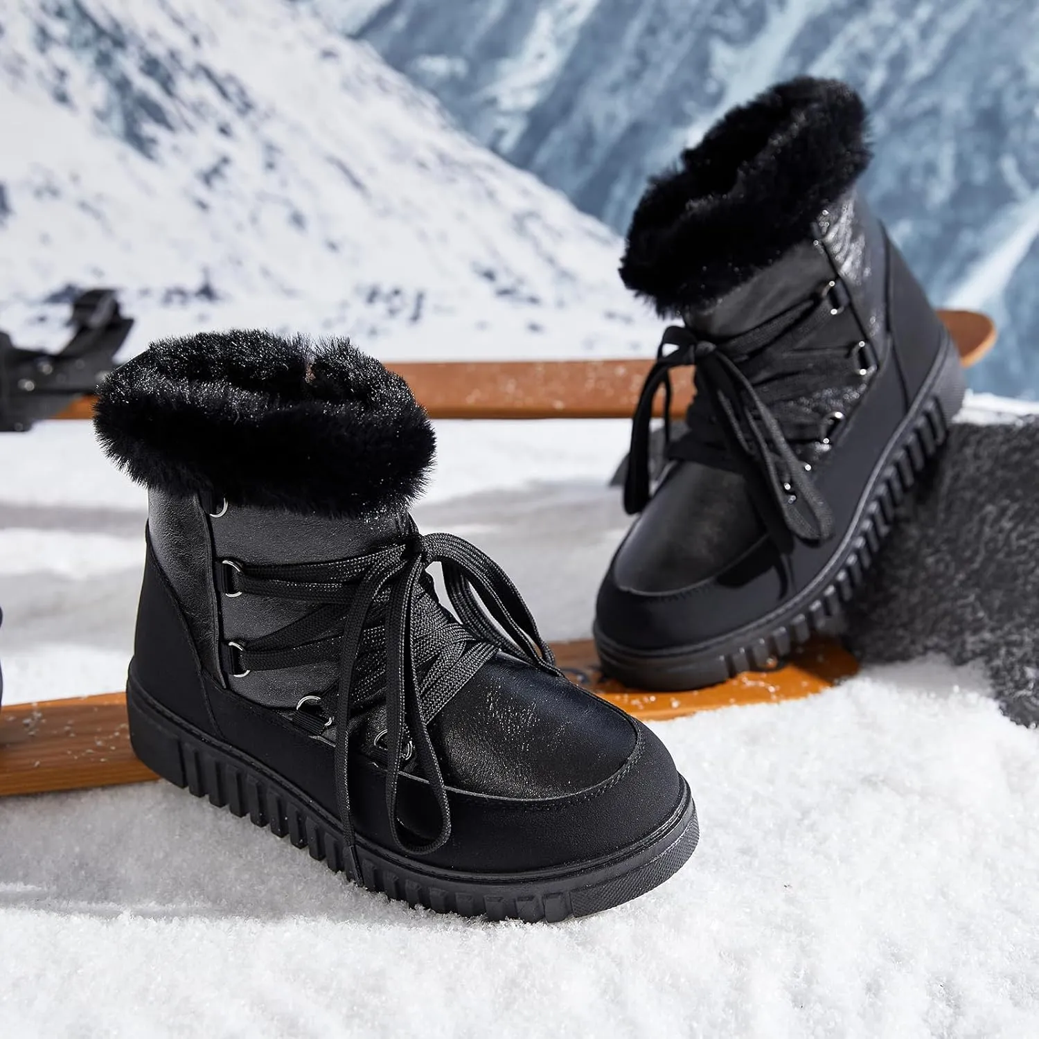 HYPOCRUTE Women's Fur lined Snow Boots Warm Winter Boots for Women Lace up Non Slip Ankle Booties Comfortable Fuzzy Boots with Zipper