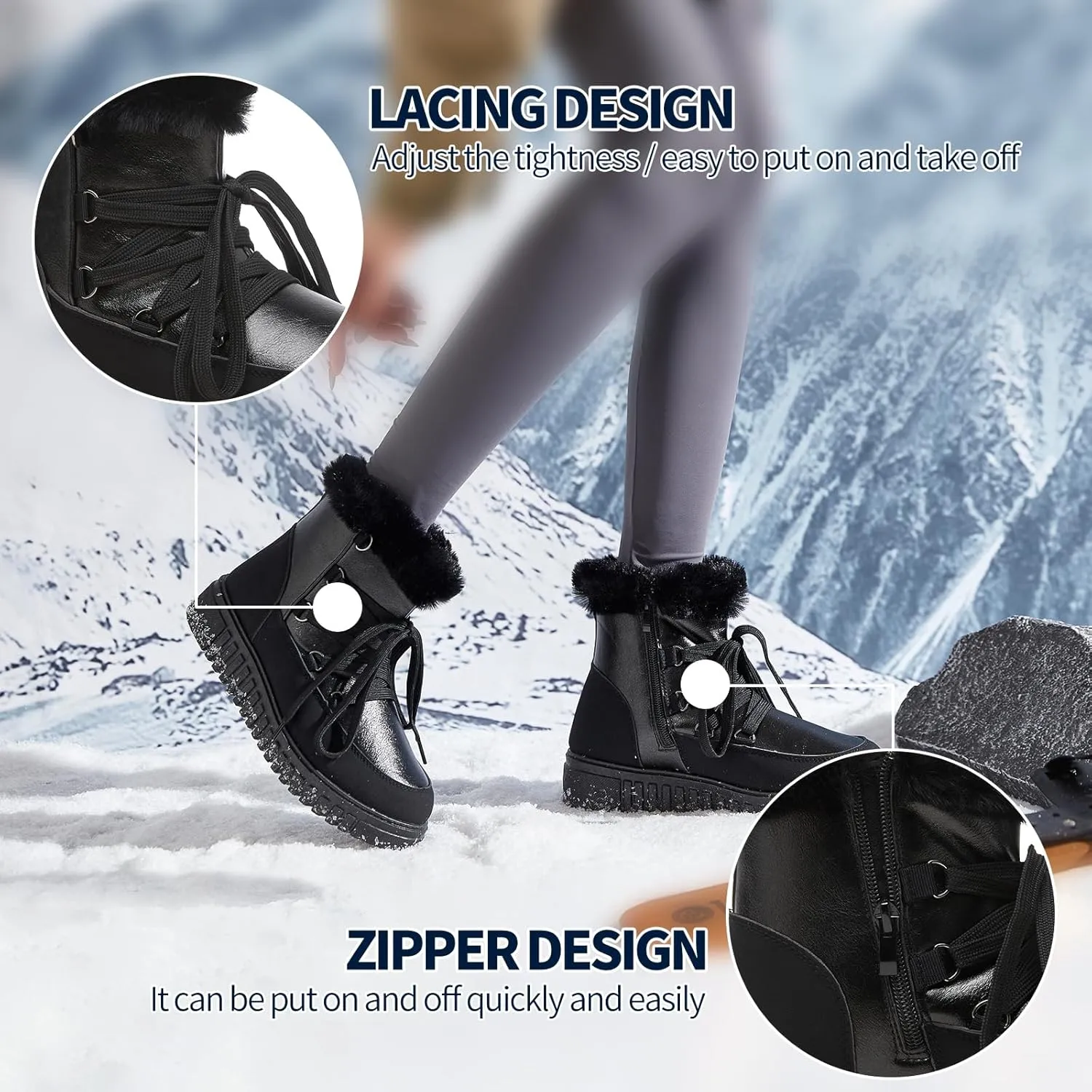 HYPOCRUTE Women's Fur lined Snow Boots Warm Winter Boots for Women Lace up Non Slip Ankle Booties Comfortable Fuzzy Boots with Zipper
