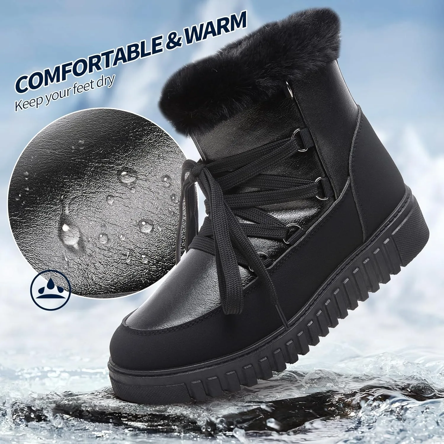 HYPOCRUTE Women's Fur lined Snow Boots Warm Winter Boots for Women Lace up Non Slip Ankle Booties Comfortable Fuzzy Boots with Zipper