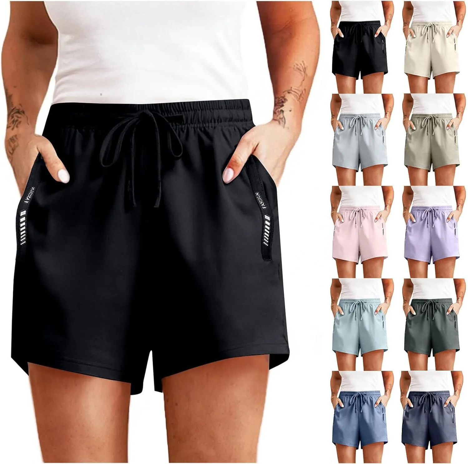 Ice Silk Stretch Shorts for Women High Waisted Quick Drying Pants Breathable Workout Shorts with Zipper Pockets