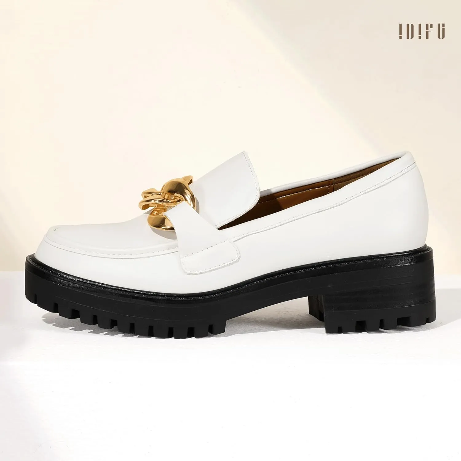 IDIFU IN2 Platform Loafers for Women Dressy with Metal Chain Slip On Low Chunky Block Lug Sole Heeled Penny Loafers Comfort Closed Round Toe Dress Shoes Office Work Business Casual Fall Loafers Shoes