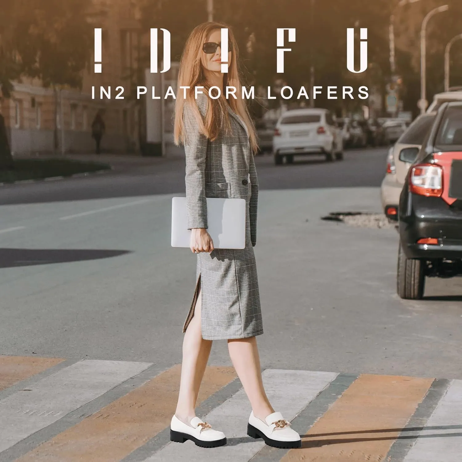 IDIFU IN2 Platform Loafers for Women Dressy with Metal Chain Slip On Low Chunky Block Lug Sole Heeled Penny Loafers Comfort Closed Round Toe Dress Shoes Office Work Business Casual Fall Loafers Shoes