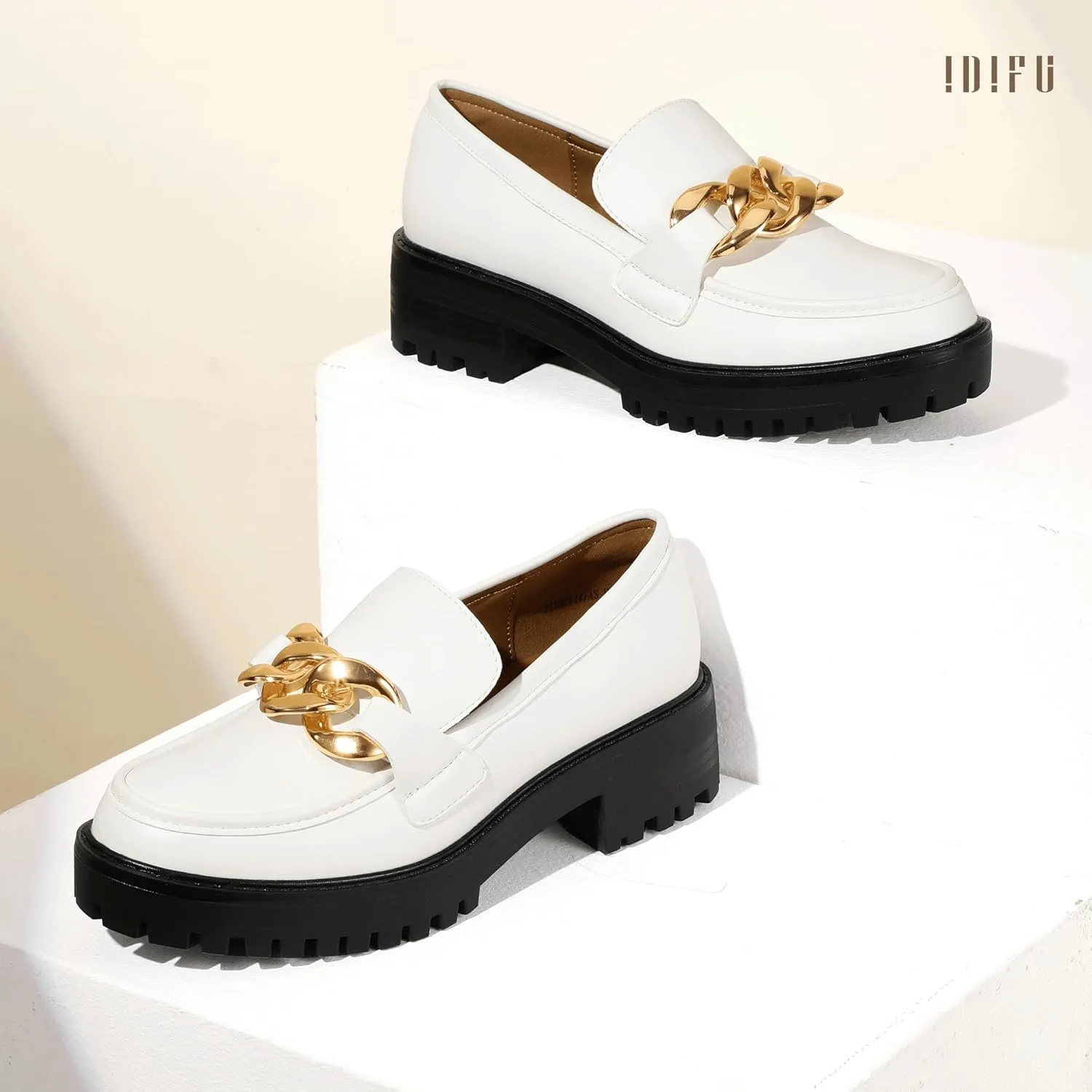 IDIFU IN2 Platform Loafers for Women Dressy with Metal Chain Slip On Low Chunky Block Lug Sole Heeled Penny Loafers Comfort Closed Round Toe Dress Shoes Office Work Business Casual Fall Loafers Shoes