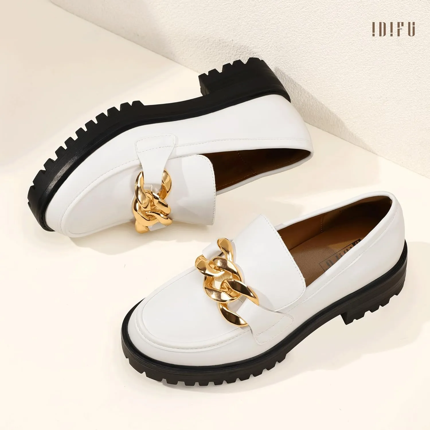 IDIFU IN2 Platform Loafers for Women Dressy with Metal Chain Slip On Low Chunky Block Lug Sole Heeled Penny Loafers Comfort Closed Round Toe Dress Shoes Office Work Business Casual Fall Loafers Shoes