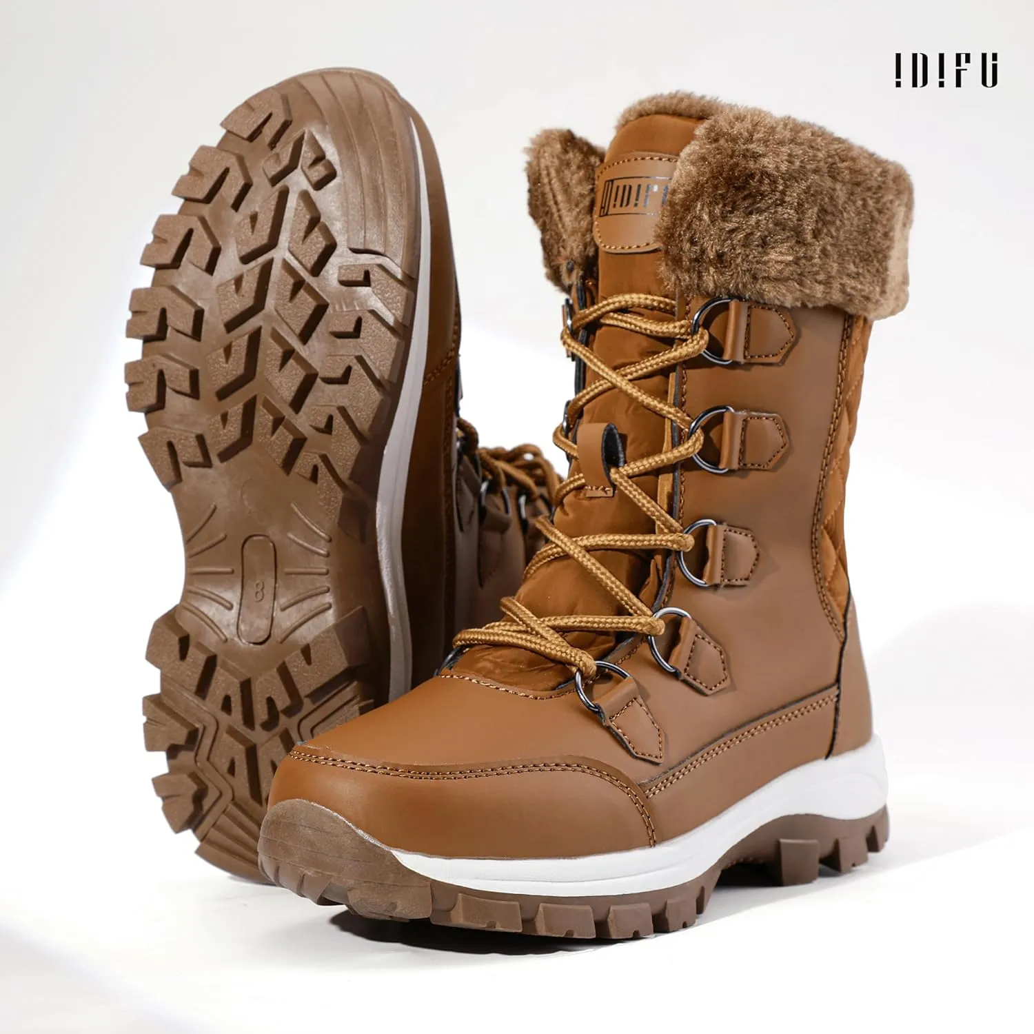 IDIFU IN2 Womens Snow Boots Winter Boots for Women Waterproof Comfortable Warm Insulated Non-Slip Outdoor Boots Fashion Casual Hiking Walking Lightweight Lace Up Faux Fur Lined Mid-Calf Booties