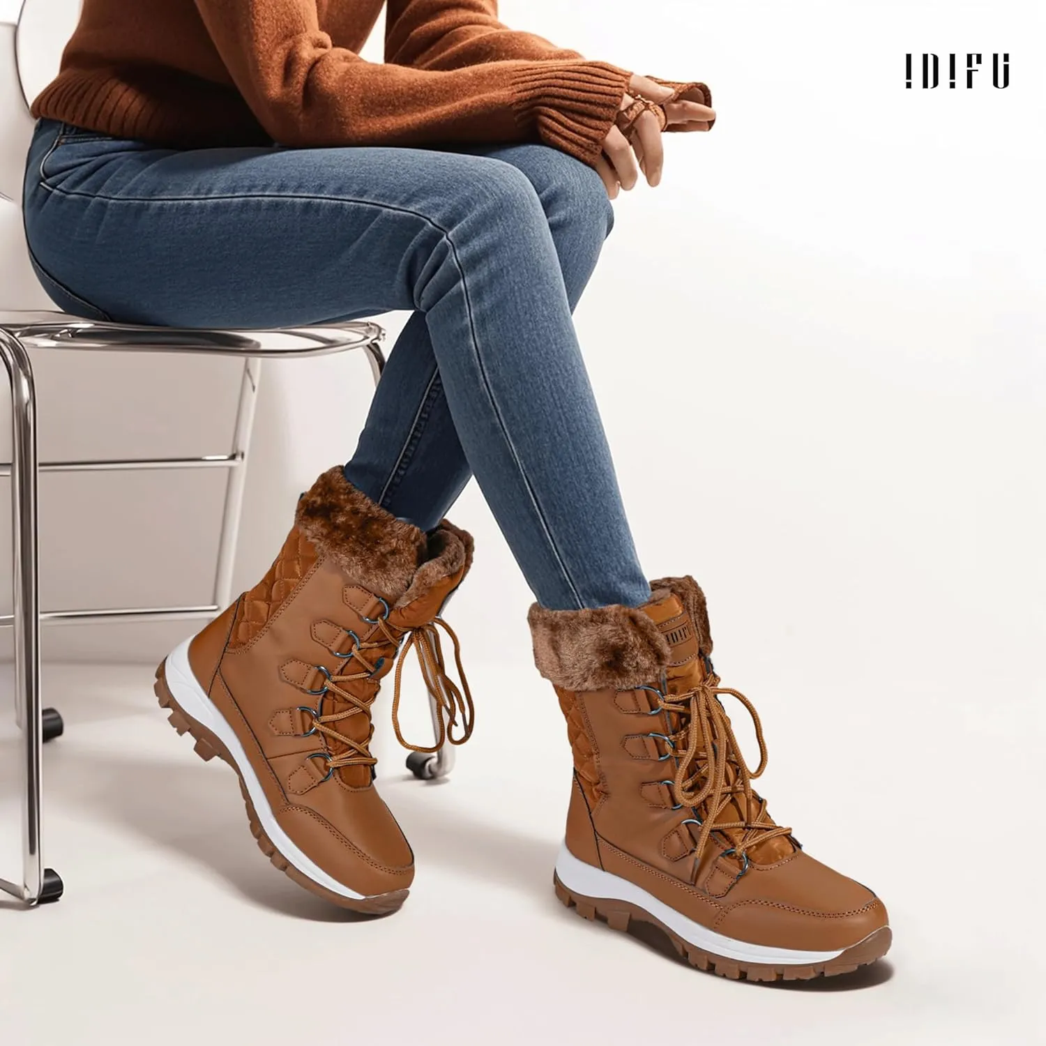 IDIFU IN2 Womens Snow Boots Winter Boots for Women Waterproof Comfortable Warm Insulated Non-Slip Outdoor Boots Fashion Casual Hiking Walking Lightweight Lace Up Faux Fur Lined Mid-Calf Booties