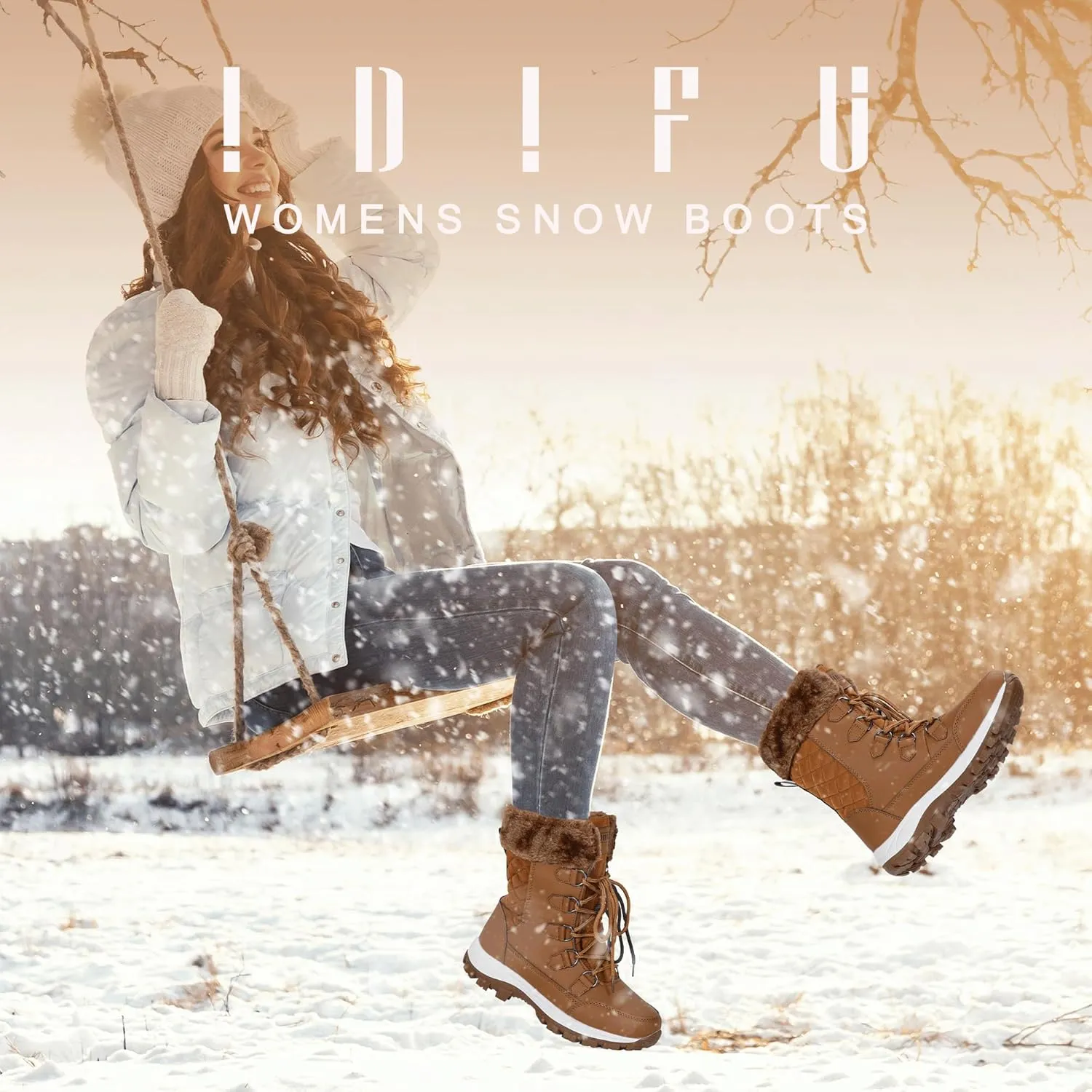 IDIFU IN2 Womens Snow Boots Winter Boots for Women Waterproof Comfortable Warm Insulated Non-Slip Outdoor Boots Fashion Casual Hiking Walking Lightweight Lace Up Faux Fur Lined Mid-Calf Booties