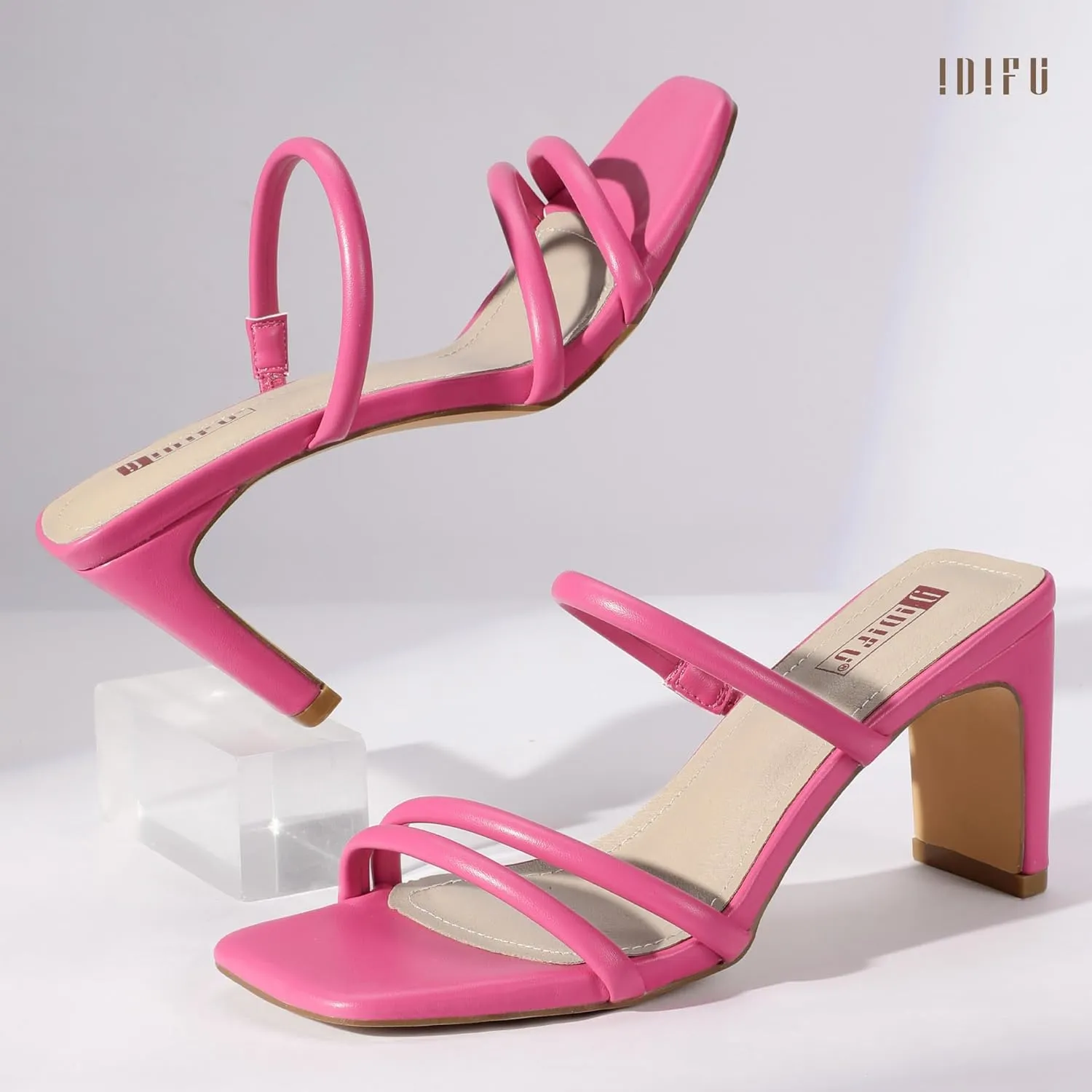 IDIFU IN3 Strappy Heels High Chunky Block Square Open Toe Slip On Slide Heels Mules Wedding Bridal Bride Prom Party Dress Shoes for Women Dressy Comfortable Cute Fashion Trendy Heeled Sandals