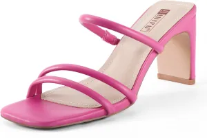 IDIFU IN3 Strappy Heels High Chunky Block Square Open Toe Slip On Slide Heels Mules Wedding Bridal Bride Prom Party Dress Shoes for Women Dressy Comfortable Cute Fashion Trendy Heeled Sandals