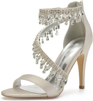 IN4 Wedding Shoes for Bride High Heels Sandals Ankle Strap Crystal Zipper Back Formal Evening Prom Party Dress Shoes Pumps for Women