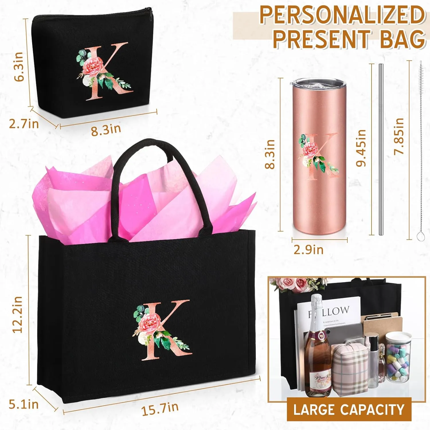 Initial Canvas Tote Bag for Women Personalized Birthday Gift Makeup Bag Monogram Initial Tumbler for Mother