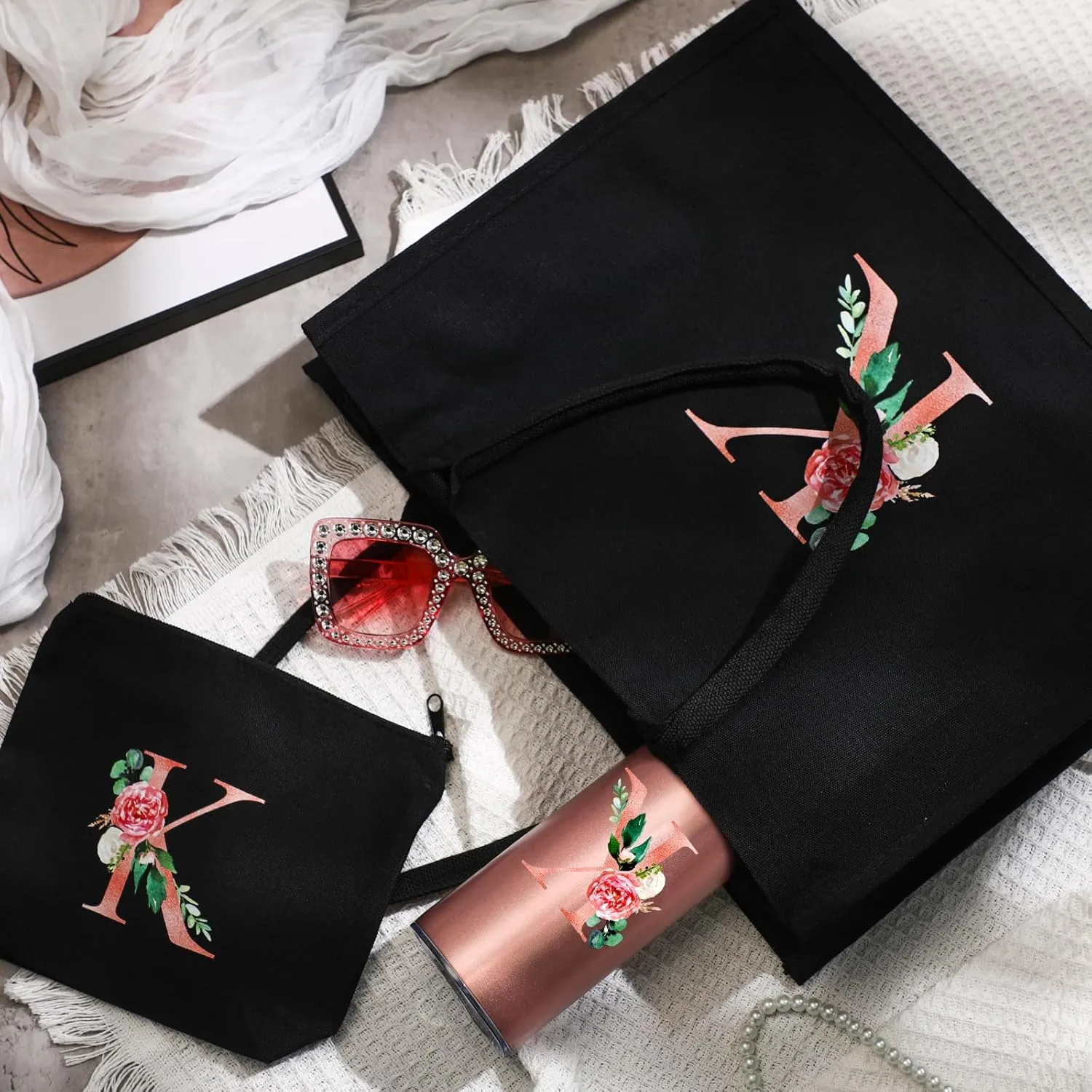 Initial Canvas Tote Bag for Women Personalized Birthday Gift Makeup Bag Monogram Initial Tumbler for Mother
