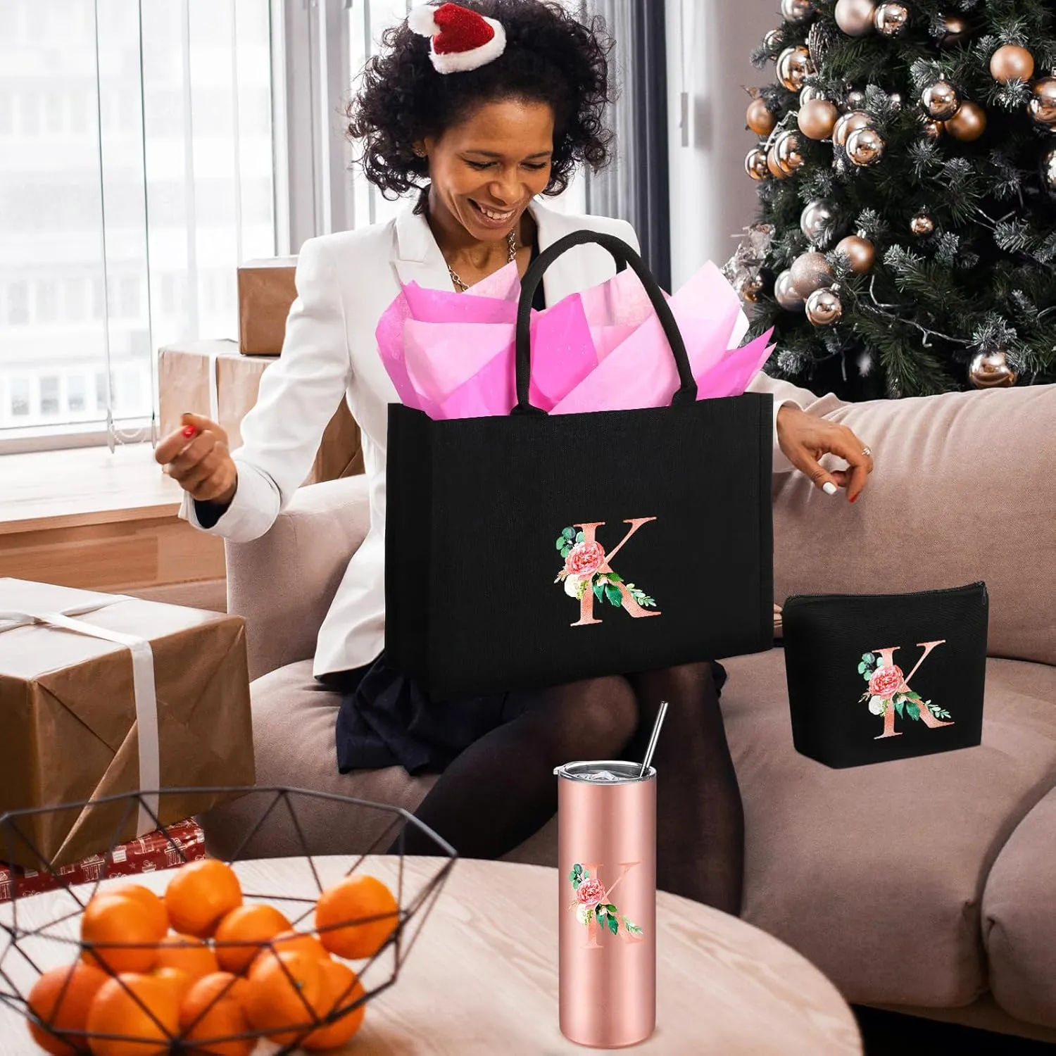 Initial Canvas Tote Bag for Women Personalized Birthday Gift Makeup Bag Monogram Initial Tumbler for Mother