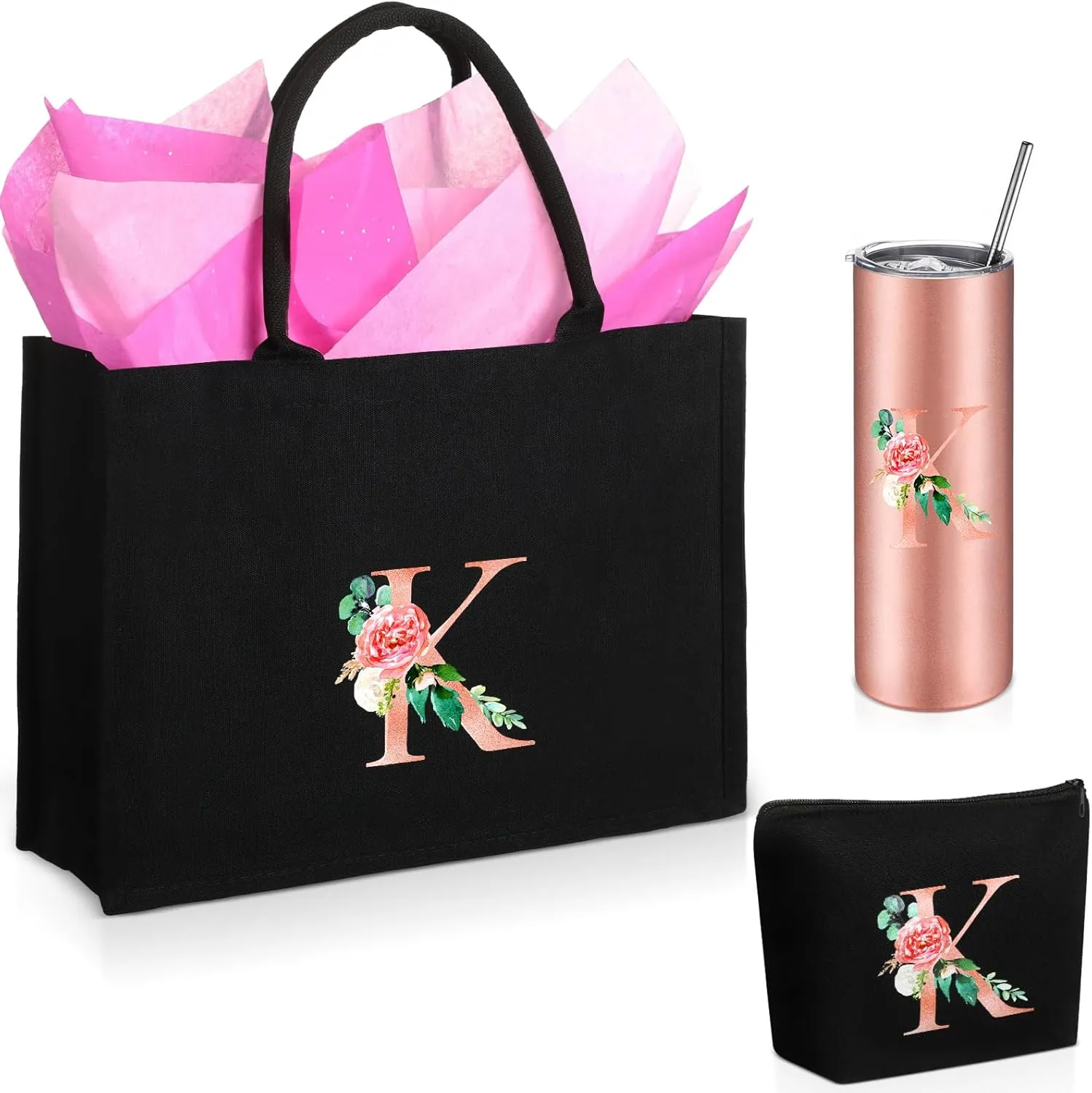 Initial Canvas Tote Bag for Women Personalized Birthday Gift Makeup Bag Monogram Initial Tumbler for Mother