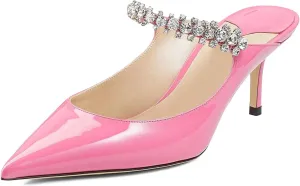 JiaBinji Women High Heels Sandals Mules Rhinestone Strap 4 inches Stiletto Pointed Toe Slip On Sandals Handmade Backless Summer Bridal Dress Shoes