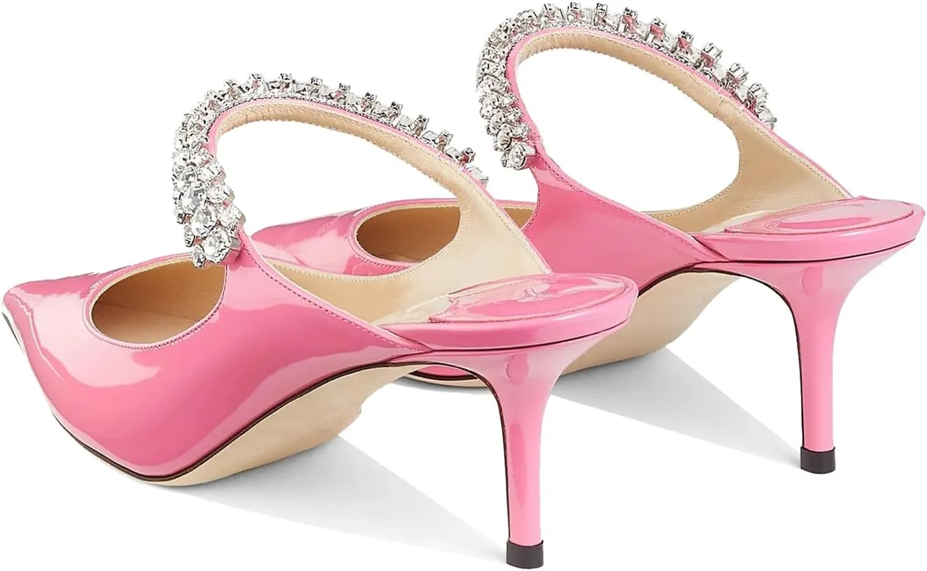 JiaBinji Women High Heels Sandals Mules Rhinestone Strap 4 inches Stiletto Pointed Toe Slip On Sandals Handmade Backless Summer Bridal Dress Shoes