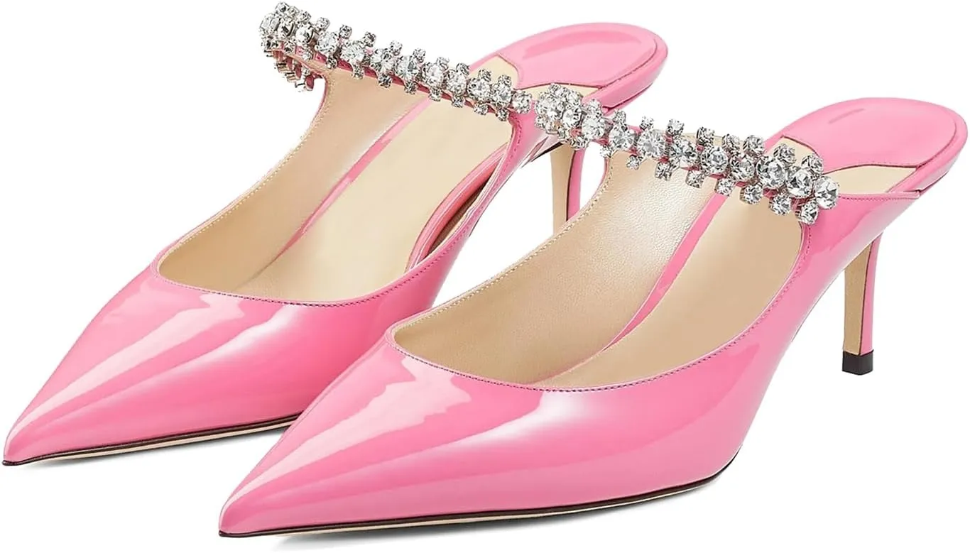 JiaBinji Women High Heels Sandals Mules Rhinestone Strap 4 inches Stiletto Pointed Toe Slip On Sandals Handmade Backless Summer Bridal Dress Shoes