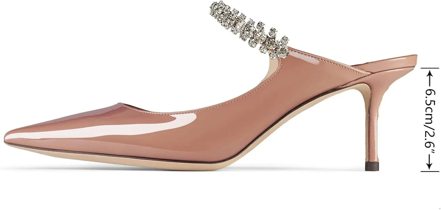 JiaBinji Women High Heels Sandals Mules Rhinestone Strap 4 inches Stiletto Pointed Toe Slip On Sandals Handmade Backless Summer Bridal Dress Shoes