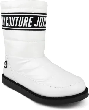 JUICY COUTURE Women's Quilted Slip-On Winter Boots – Waterproof, Warm Mid-Calf Snow Booties with Logo Strap-Kissie
