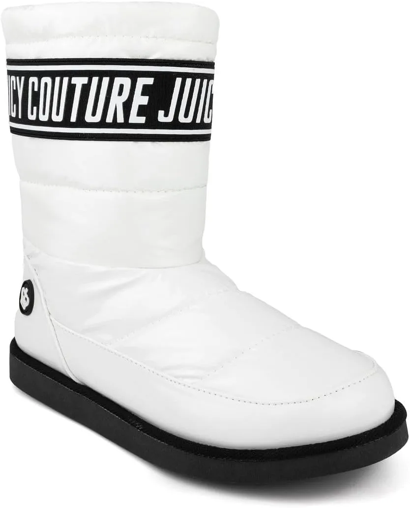 JUICY COUTURE Women's Quilted Slip-On Winter Boots – Waterproof, Warm Mid-Calf Snow Booties with Logo Strap-Kissie