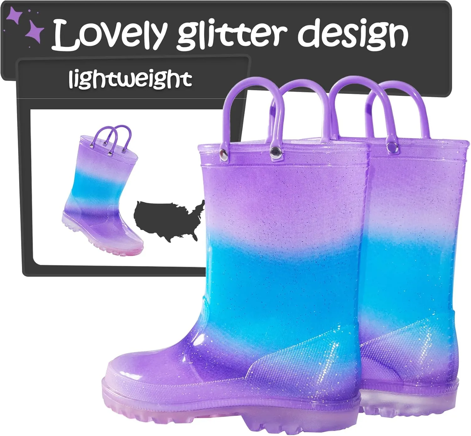 K KomForme Girls Rain Boots,Kids Glitter Waterproof Boots with Easy-on Handles