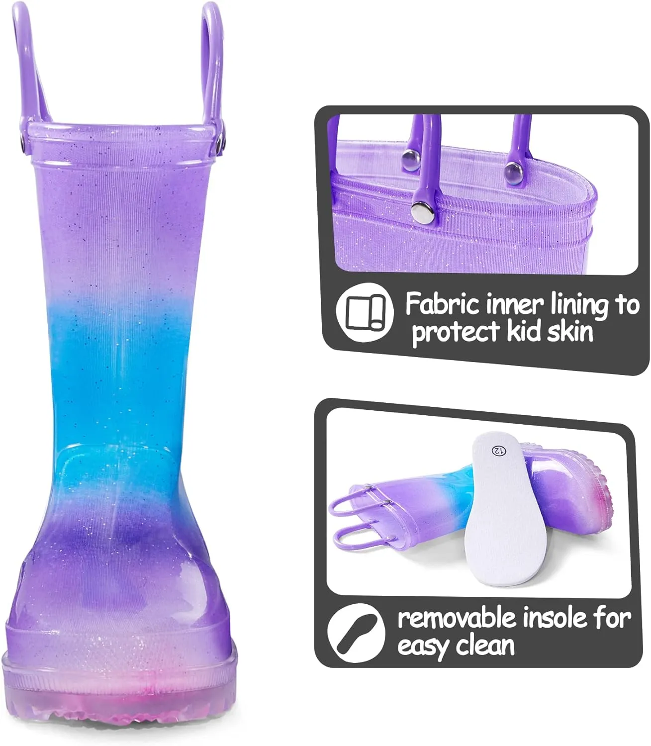 K KomForme Girls Rain Boots,Kids Glitter Waterproof Boots with Easy-on Handles