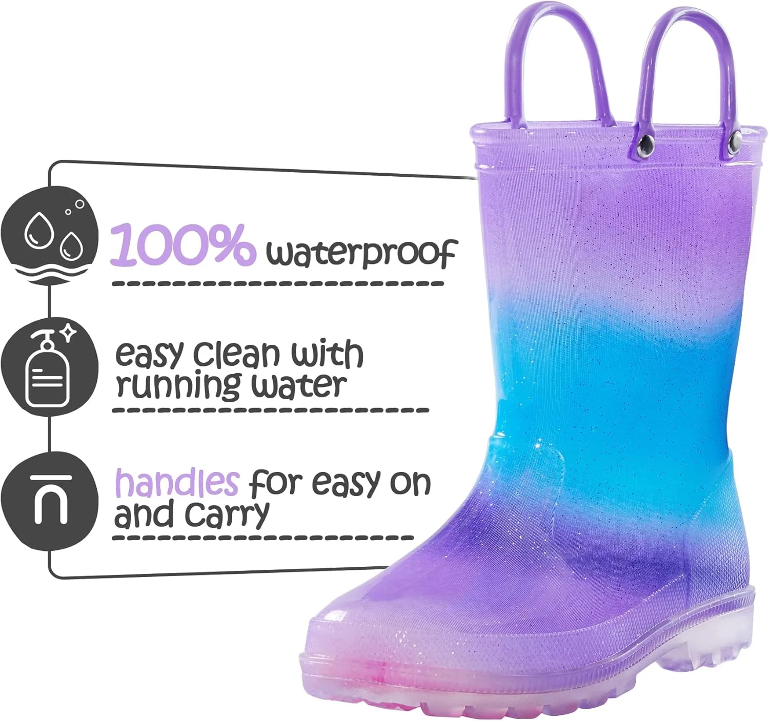 K KomForme Girls Rain Boots,Kids Glitter Waterproof Boots with Easy-on Handles