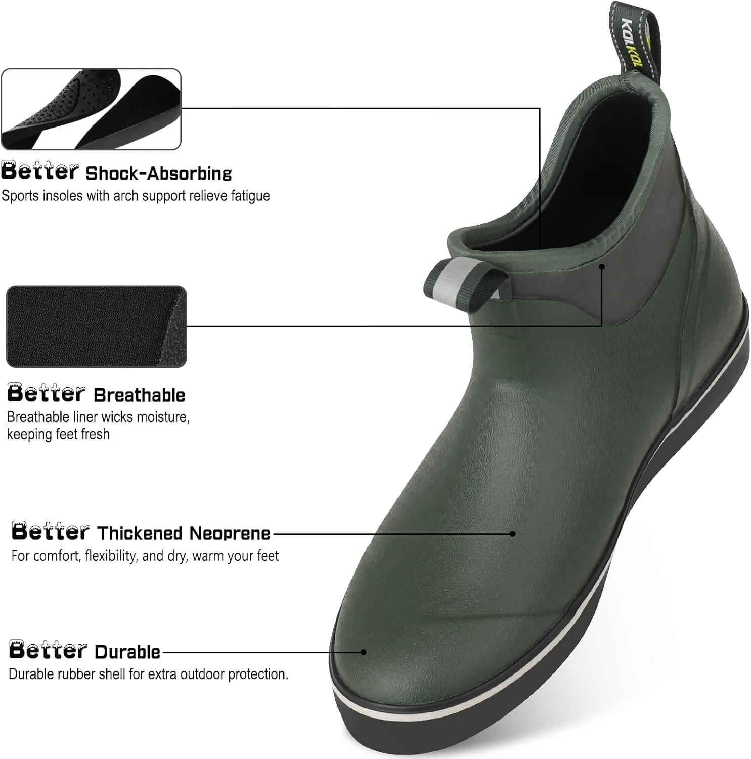 Kalkal Men's Deck Boots, Waterproof Fishing Rain Boots with High Traction, Men's Rubber Boots For Gardening Fishing Boating Camping Sailing