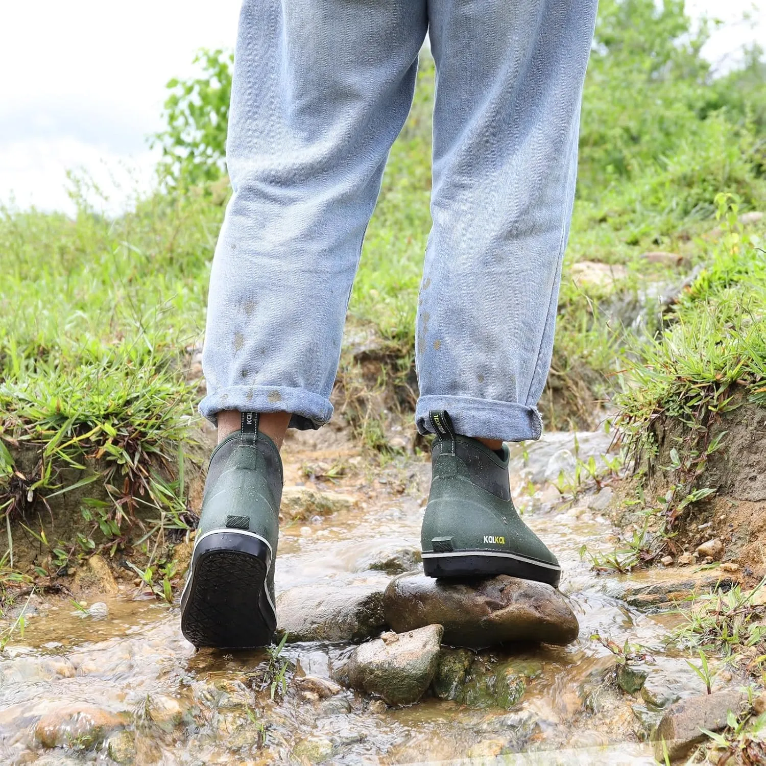 Kalkal Men's Deck Boots, Waterproof Fishing Rain Boots with High Traction, Men's Rubber Boots For Gardening Fishing Boating Camping Sailing