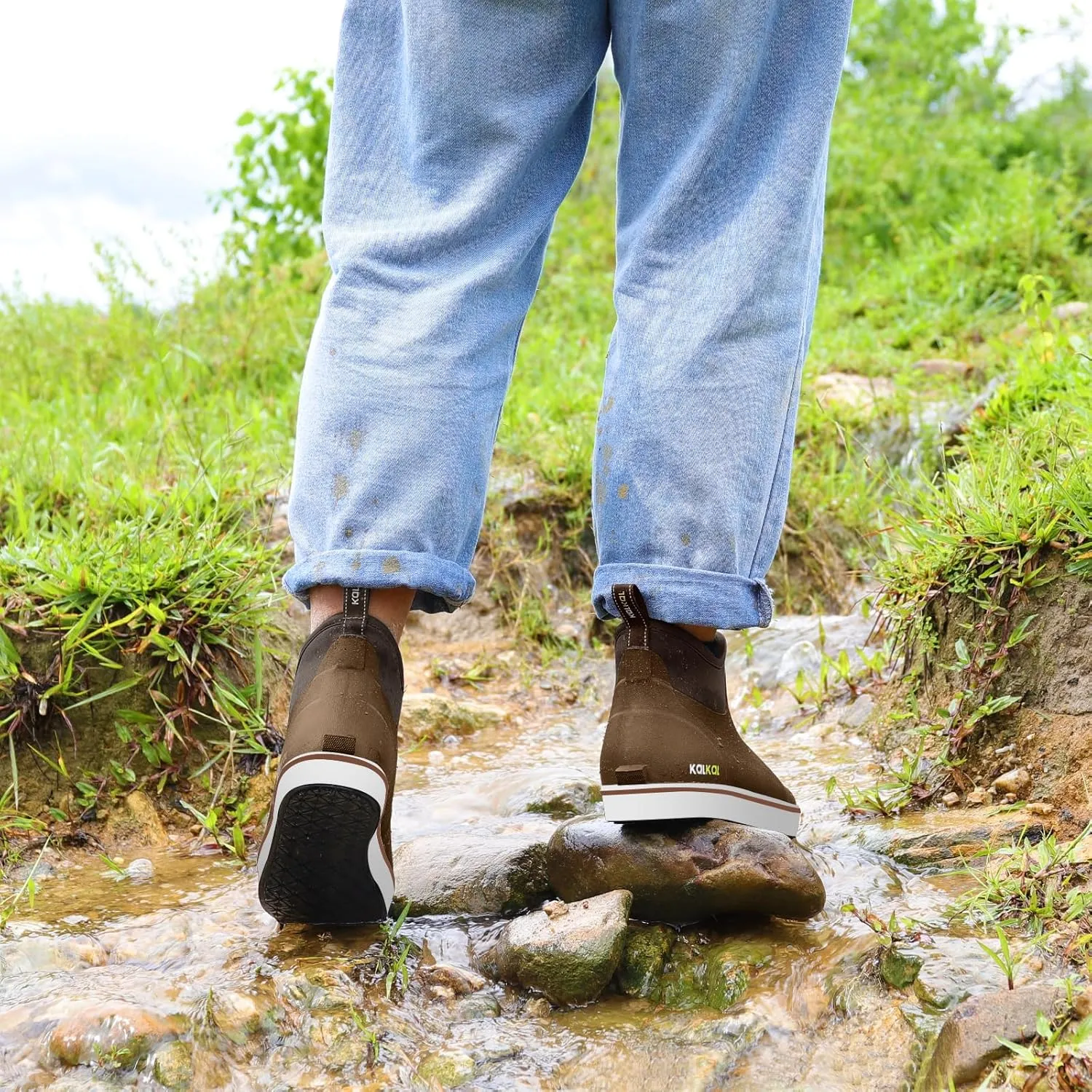 Kalkal Men's Deck Boots, Waterproof Fishing Rain Boots with High Traction, Men's Rubber Boots For Gardening Fishing Boating Camping Sailing