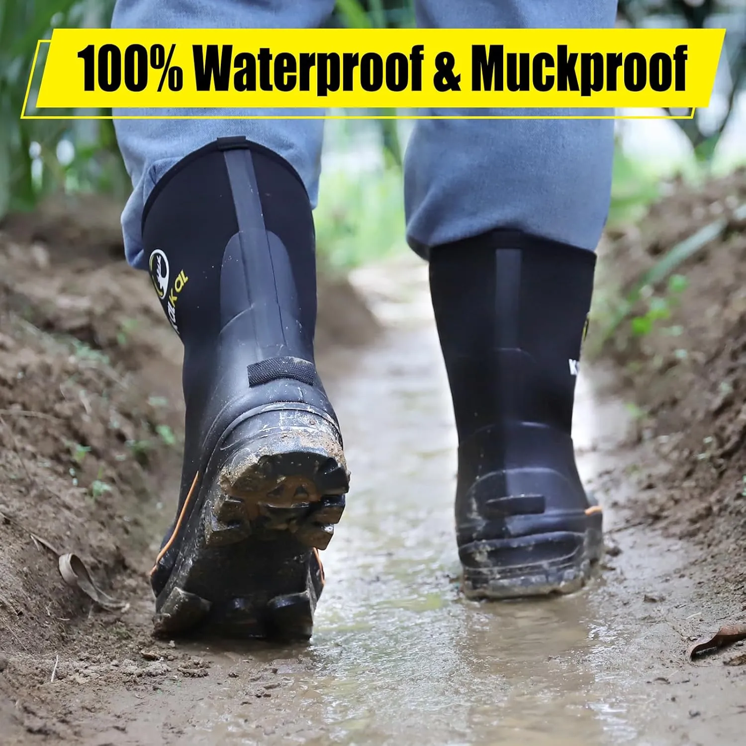 Kalkal Rubber Boots for Men, 6mm Neoprene Insulated Rain Boots with Steel Shank, Waterproof Mid Calf Rubber Work Boots For Mud Gardening Farming Fishing Hunting Working, Size 7-14