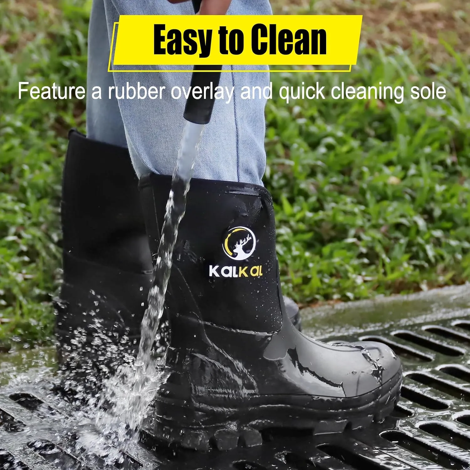 Kalkal Rubber Boots for Men, 6mm Neoprene Insulated Rain Boots with Steel Shank, Waterproof Mid Calf Rubber Work Boots For Mud Gardening Farming Fishing Hunting Working, Size 7-14
