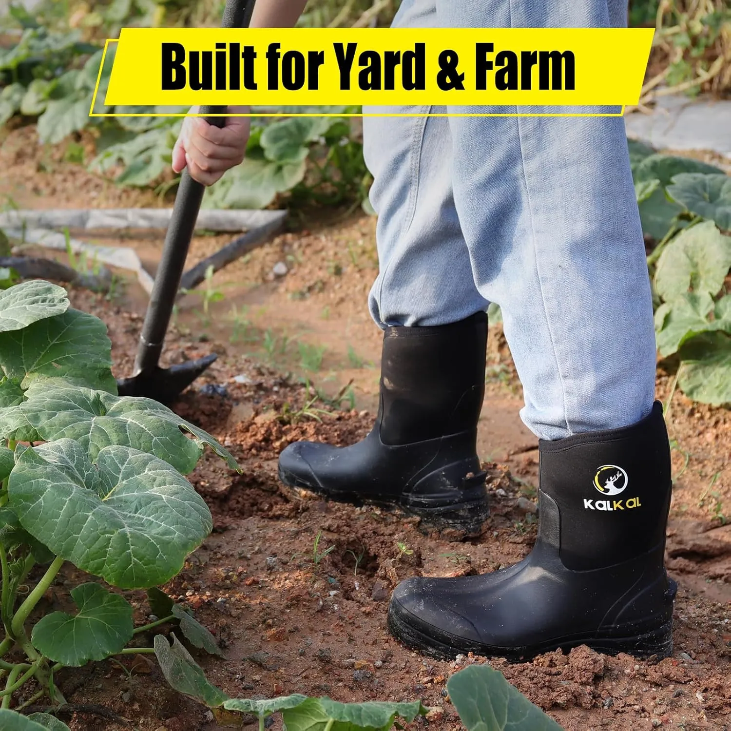 Kalkal Rubber Boots for Men, 6mm Neoprene Insulated Rain Boots with Steel Shank, Waterproof Mid Calf Rubber Work Boots For Mud Gardening Farming Fishing Hunting Working, Size 7-14