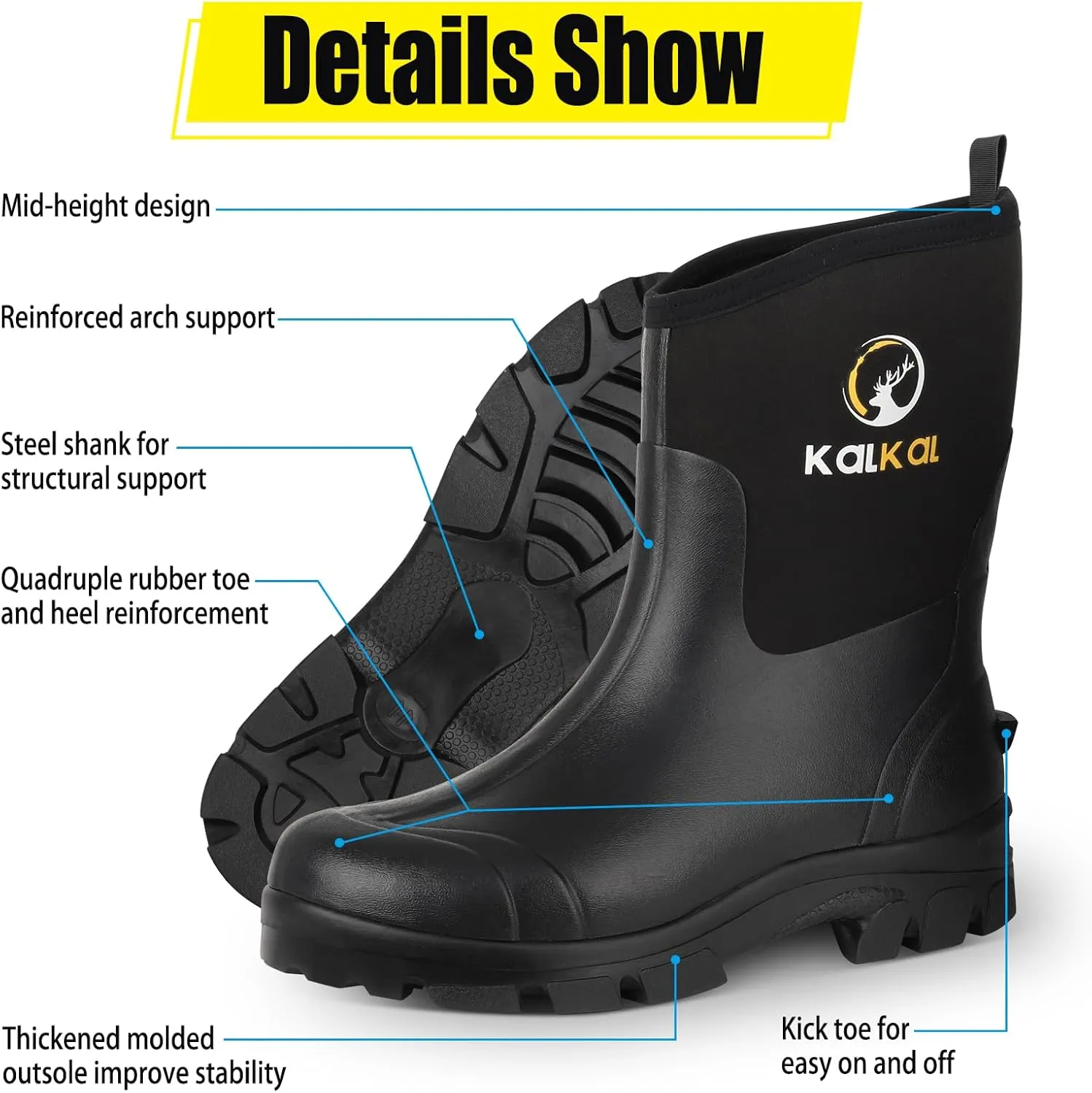 Kalkal Rubber Boots for Men, 6mm Neoprene Insulated Rain Boots with Steel Shank, Waterproof Mid Calf Rubber Work Boots For Mud Gardening Farming Fishing Hunting Working, Size 7-14