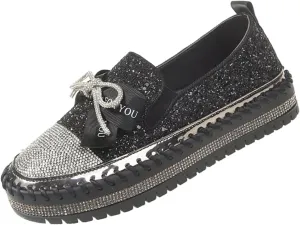 KCTRFSJ Women's Rhinestones Glitter Bow Platform Sneaker,Handmade Flat Casual Slip On Loafers,Comfort Low Top Walking Shoes