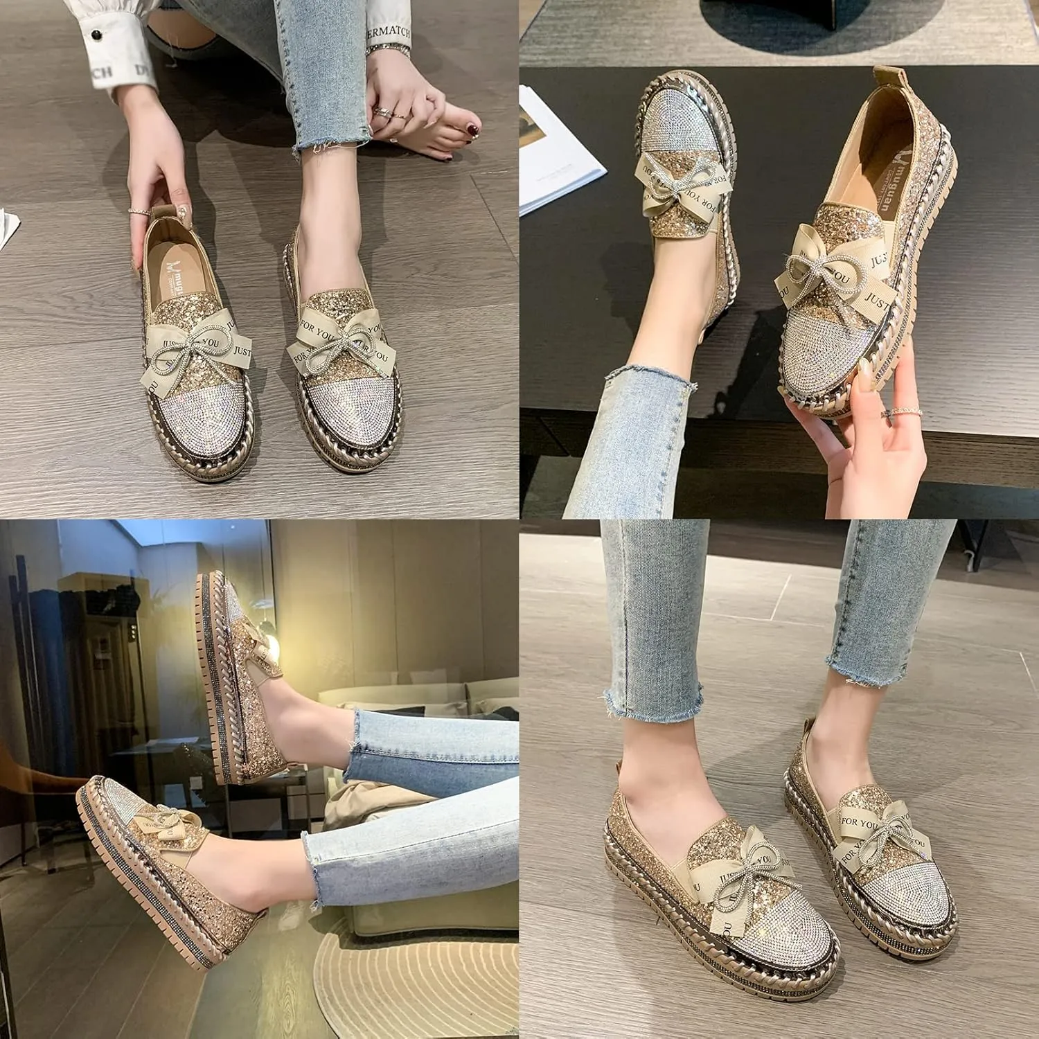 KCTRFSJ Women's Rhinestones Glitter Bow Platform Sneaker,Handmade Flat Casual Slip On Loafers,Comfort Low Top Walking Shoes