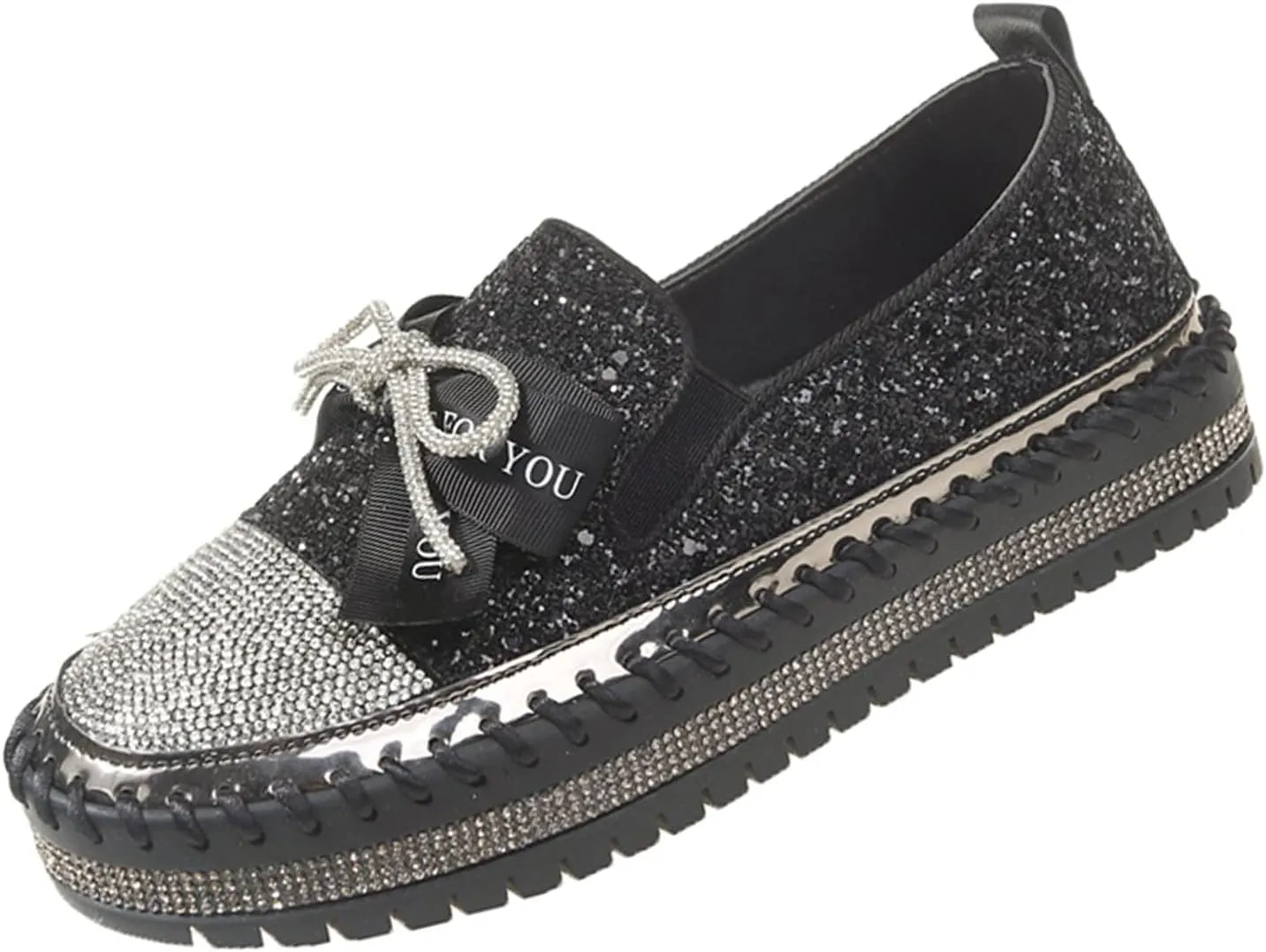 KCTRFSJ Women's Rhinestones Glitter Bow Platform Sneaker,Handmade Flat Casual Slip On Loafers,Comfort Low Top Walking Shoes