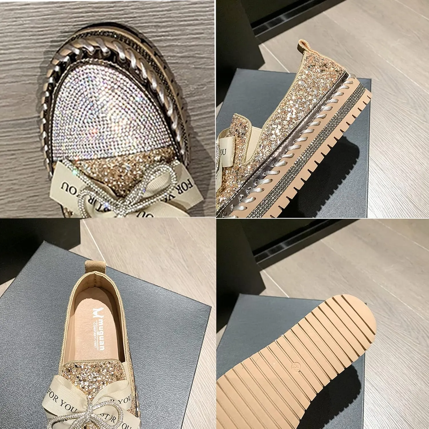 KCTRFSJ Women's Rhinestones Glitter Bow Platform Sneaker,Handmade Flat Casual Slip On Loafers,Comfort Low Top Walking Shoes