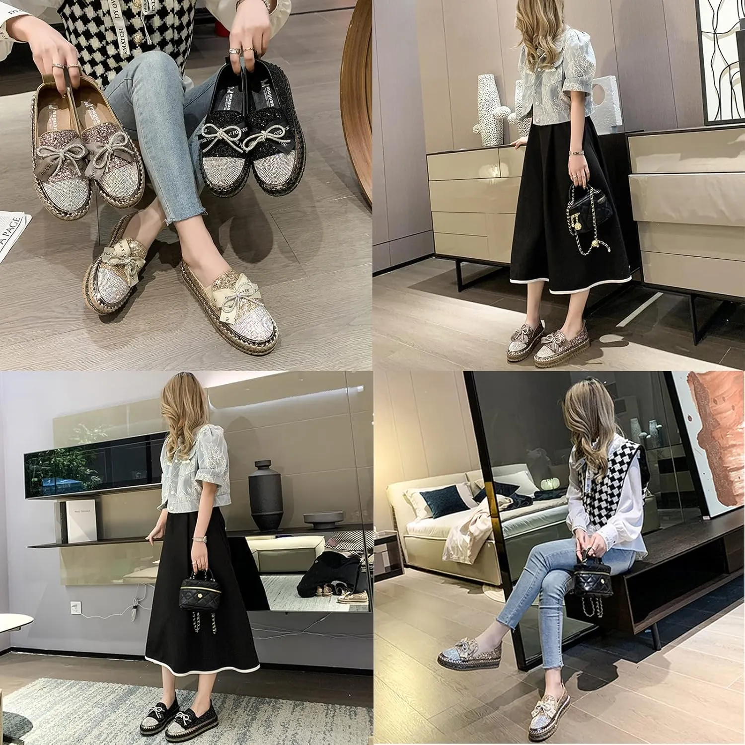 KCTRFSJ Women's Rhinestones Glitter Bow Platform Sneaker,Handmade Flat Casual Slip On Loafers,Comfort Low Top Walking Shoes