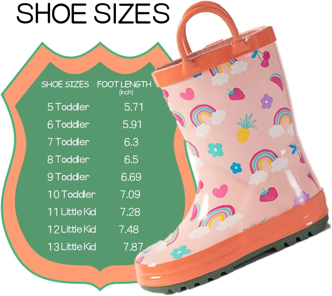 Kids Rain Boots - Toddler Waterproof Rubber Kids Rain Boots for Girls and Boys with Fun Patterns and Easy-On Handles