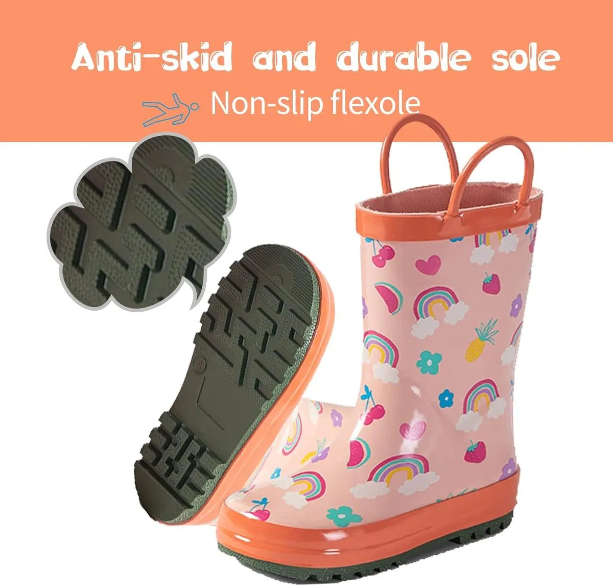 Kids Rain Boots - Toddler Waterproof Rubber Kids Rain Boots for Girls and Boys with Fun Patterns and Easy-On Handles